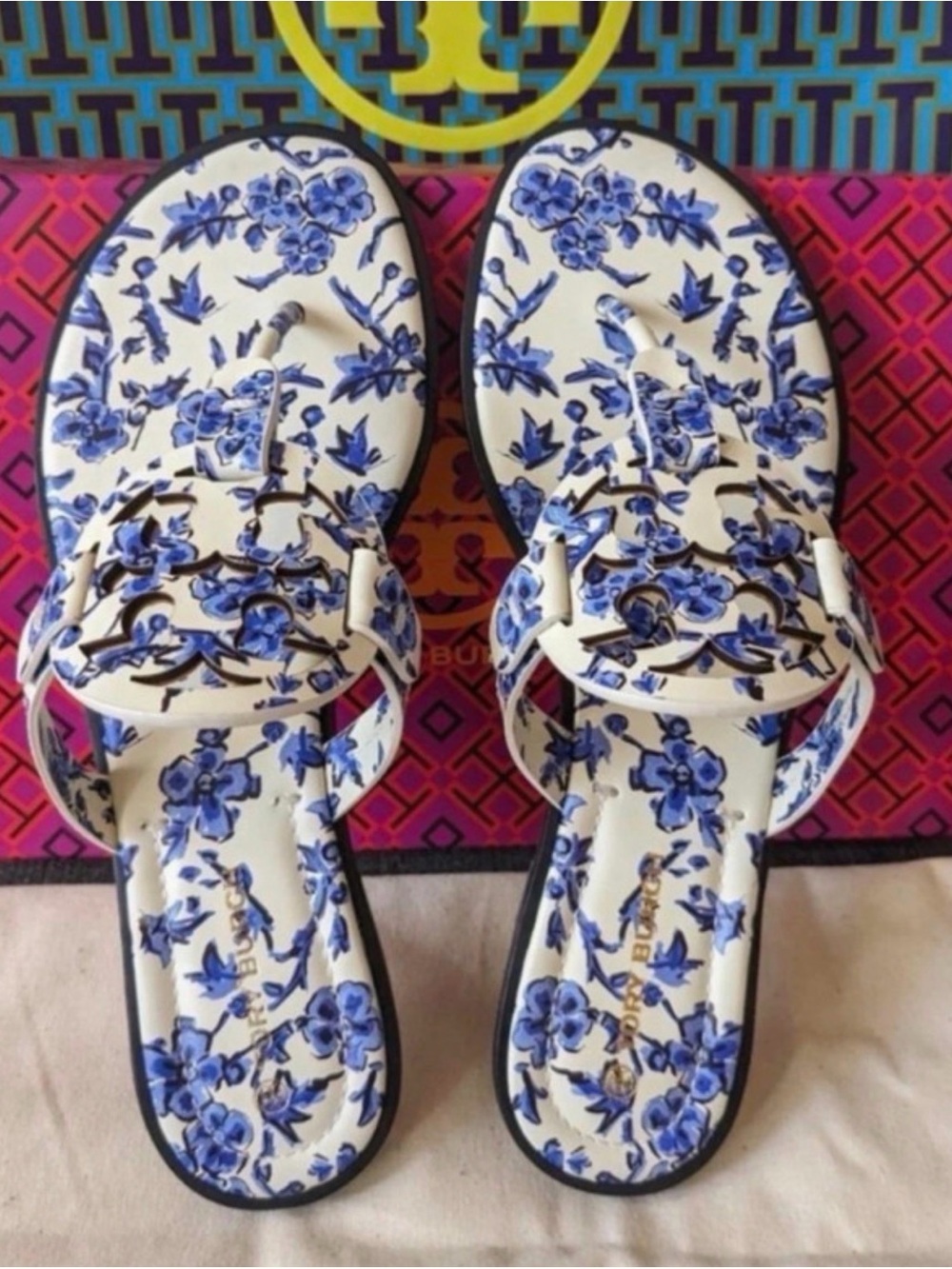 Tory Burch White Sandals with Blue Floral Print